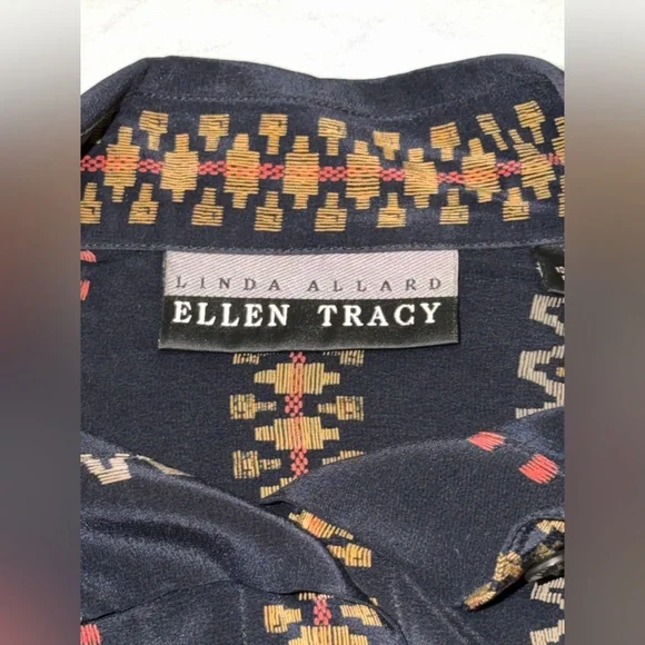 Vintage 90s Ellen Tracy Silk Blouse Geometric Stripe Navy Boho Oversized Size8 - Picture 3 of 10